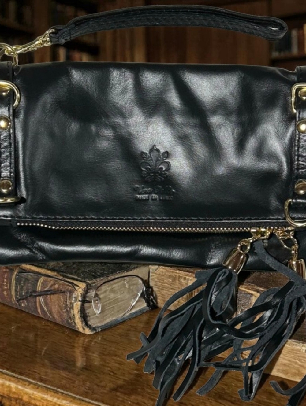 ~ VERA PELLE ~ ITALIAN LEATHER BLACK FOLDOVER ZIPPER BAG - NWOT CONDITION💃